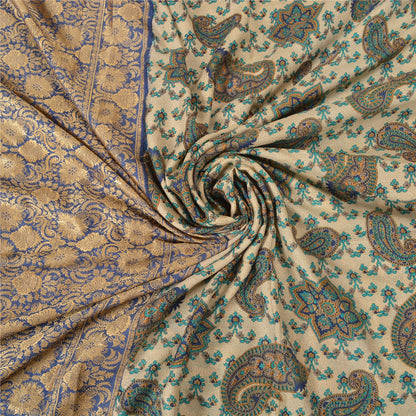 Sanskriti Vintage Blå/Elfenben Indiske Sarier 100% Ren Silke Vævet Sari 5 Yards Bæredygtigt Stof