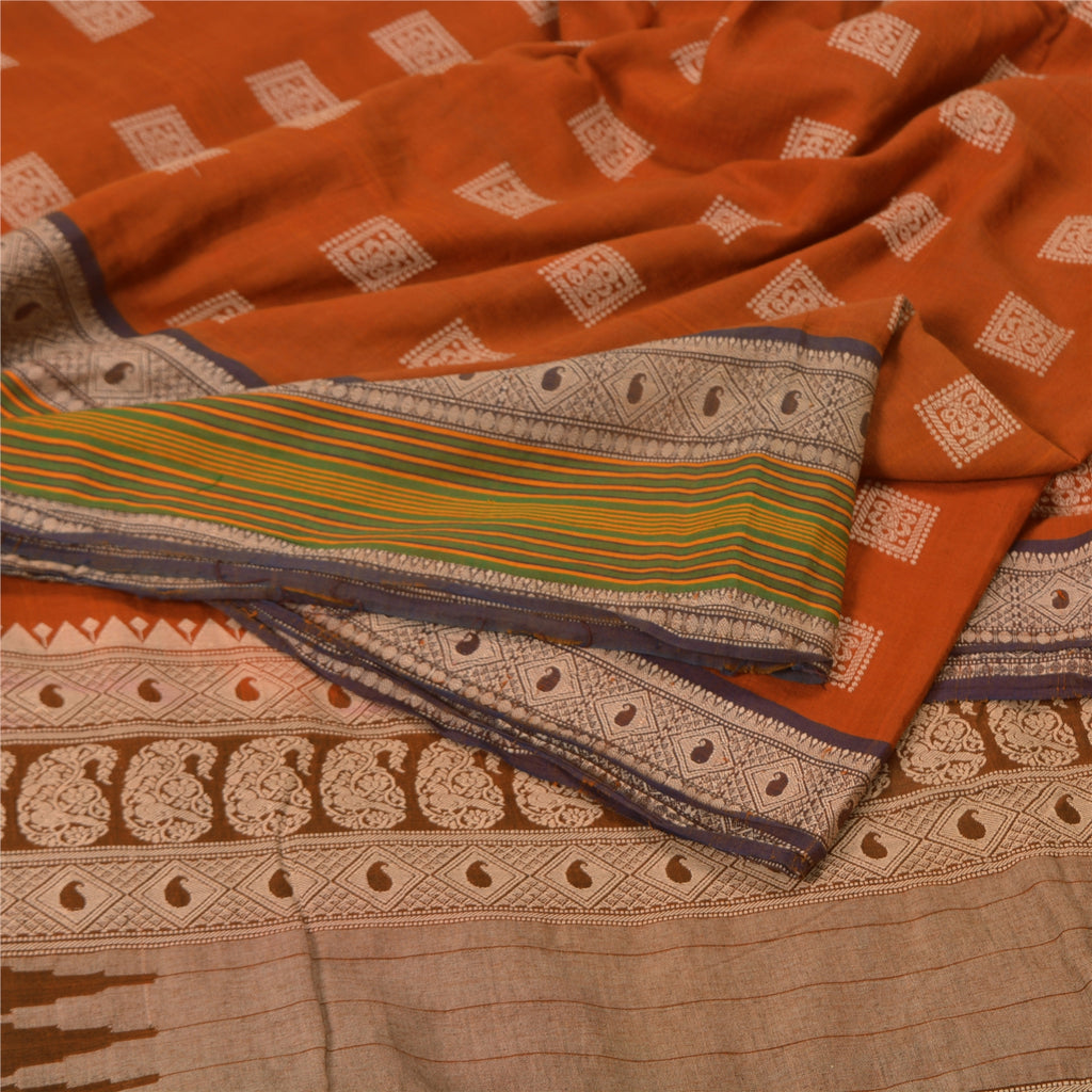 Sanskriti Vintage Orange/Brown Sarees 100% Pure Cotton Woven Premium Sari Sustainable Fabric
