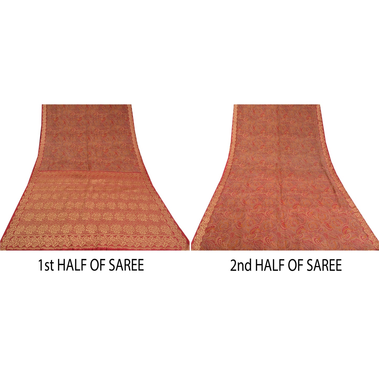 Sanskriti Vintage Dark Red Indian Sarees 100% Pure Silk Woven Sari 5 YD Sustainable Fabric