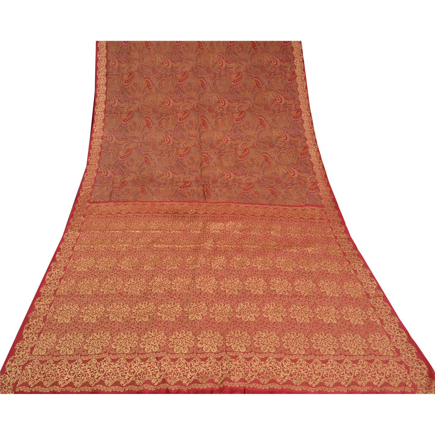 Sanskriti Vintage Dark Red Indian Sarees 100% Pure Silk Woven Sari 5 YD Sustainable Fabric