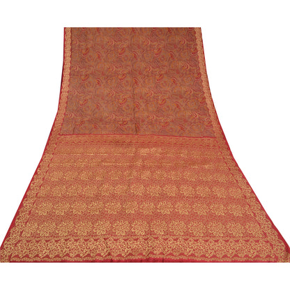 Sanskriti Vintage Dark Red Indian Sarees 100% Pure Silk Woven Sari 5 YD Sustainable Fabric