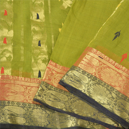 Винтажные зеленые сари санскрити, парча из чистого хлопка/сари банараси, экологически чистая ткань