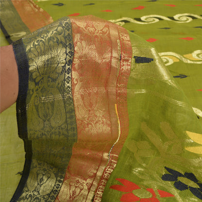 Винтажные зеленые сари санскрити, парча из чистого хлопка/сари банараси, экологически чистая ткань