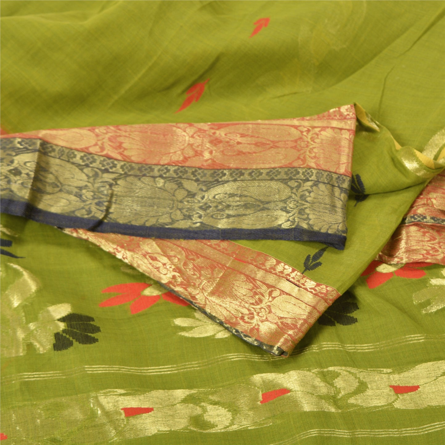 Винтажные зеленые сари санскрити, парча из чистого хлопка/сари банараси, экологически чистая ткань