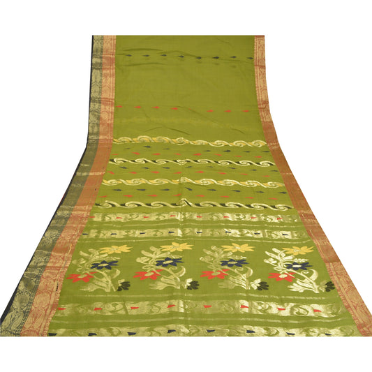 Sanskriti Vintage Green Sarees Pure Cotton Woven Brocade/Banarasi Sari Sustainable Fabric