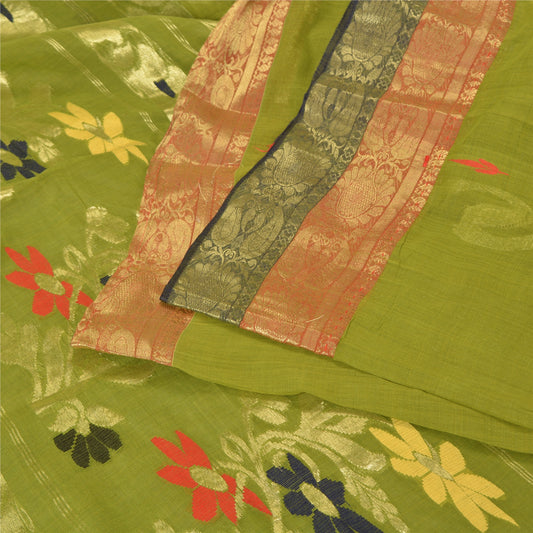 Sanskriti Vintage Green Sarees Pure Cotton Woven Brocade/Banarasi Sari Sustainable Fabric