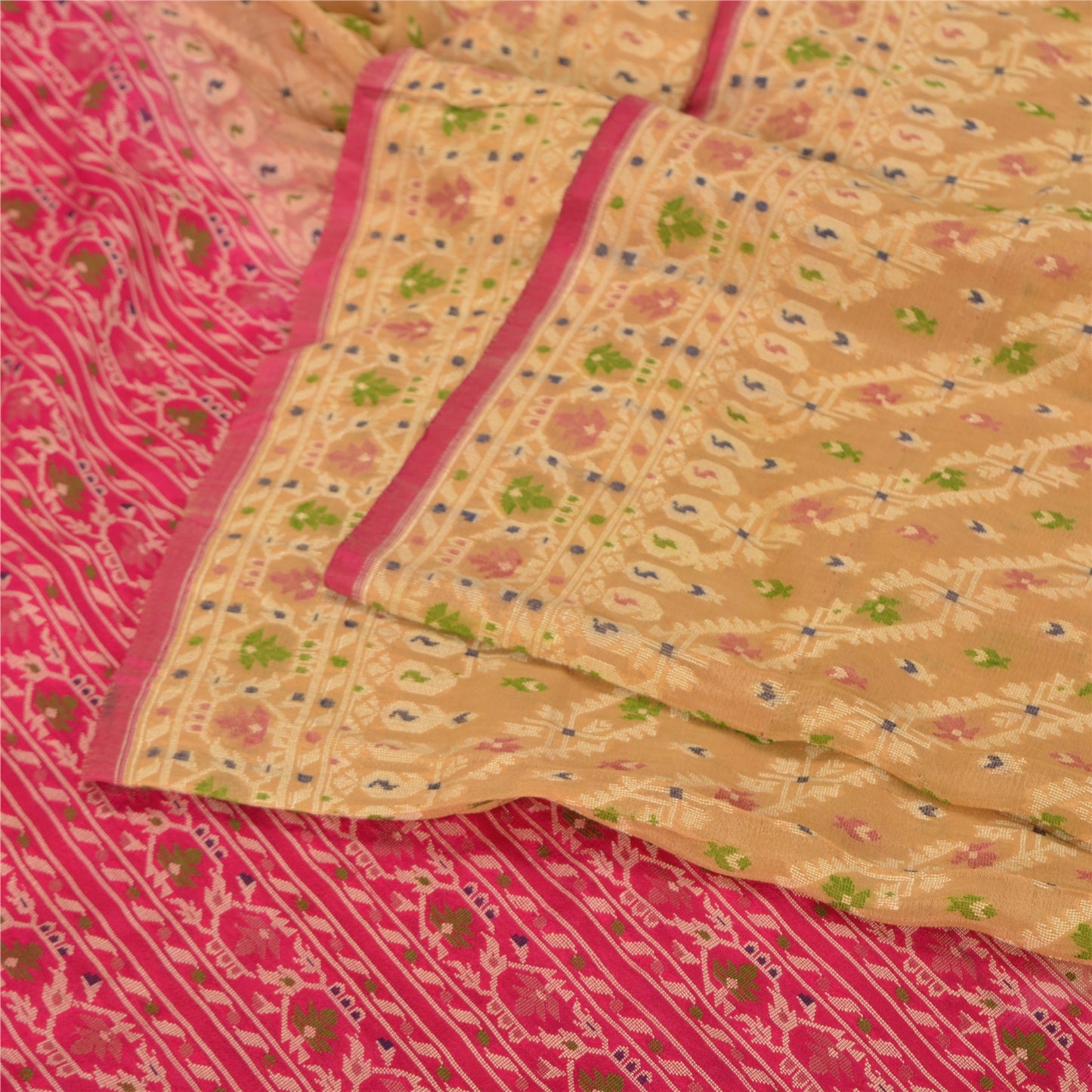 Sanskriti Vintage Cream/Pink Sarees 100% Pure Silk Woven Premium Sari Sustainable Fabric