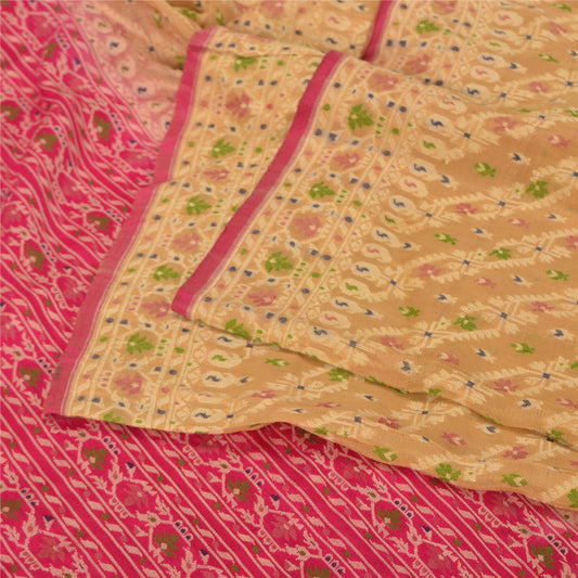 Sanskriti Vintage Cream/Pink Sarees 100% Pure Silk Woven Premium Sari Sustainable Fabric