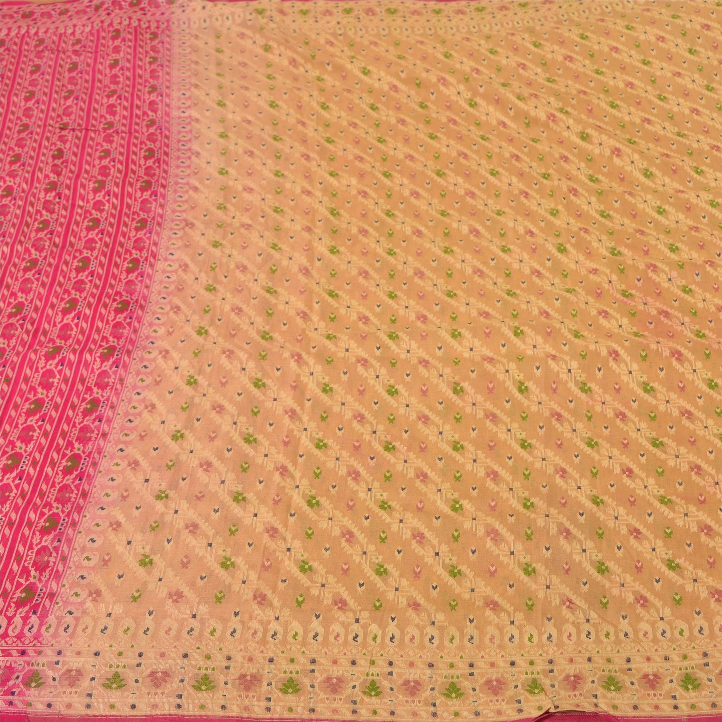 Sanskriti Vintage Cream/Pink Sarees 100% Pure Silk Woven Premium Sari Sustainable Fabric
