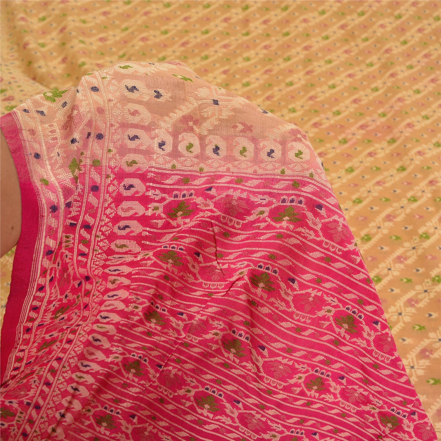 Sanskriti Vintage Cream/Pink Sarees 100% Pure Silk Woven Premium Sari Sustainable Fabric