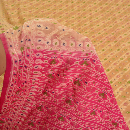 Sanskriti Vintage Cream/Pink Sarees 100% Pure Silk Woven Premium Sari Sustainable Fabric