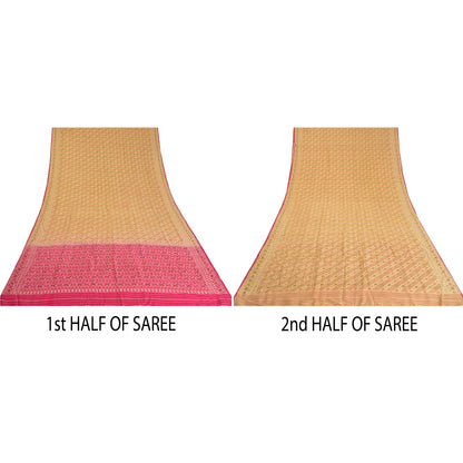 Sanskriti Vintage Cream/Pink Sarees 100% Pure Silk Woven Premium Sari Sustainable Fabric