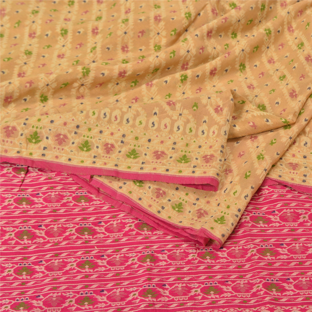 Sanskriti Vintage Cream/Pink Sarees 100% Pure Silk Woven Premium Sari Sustainable Fabric