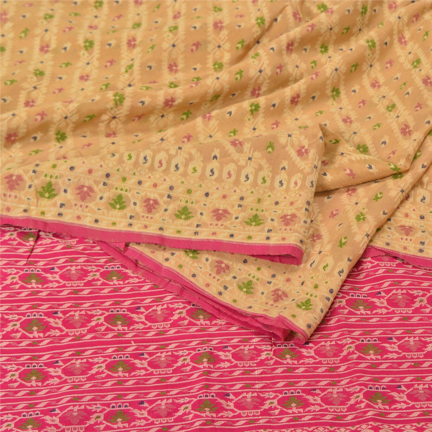 Sanskriti Vintage Cream/Pink Sarees 100% Pure Silk Woven Premium Sari Sustainable Fabric