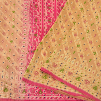 Sanskriti Vintage Cream/Pink Sarees 100% Pure Silk Woven Premium Sari Sustainable Fabric