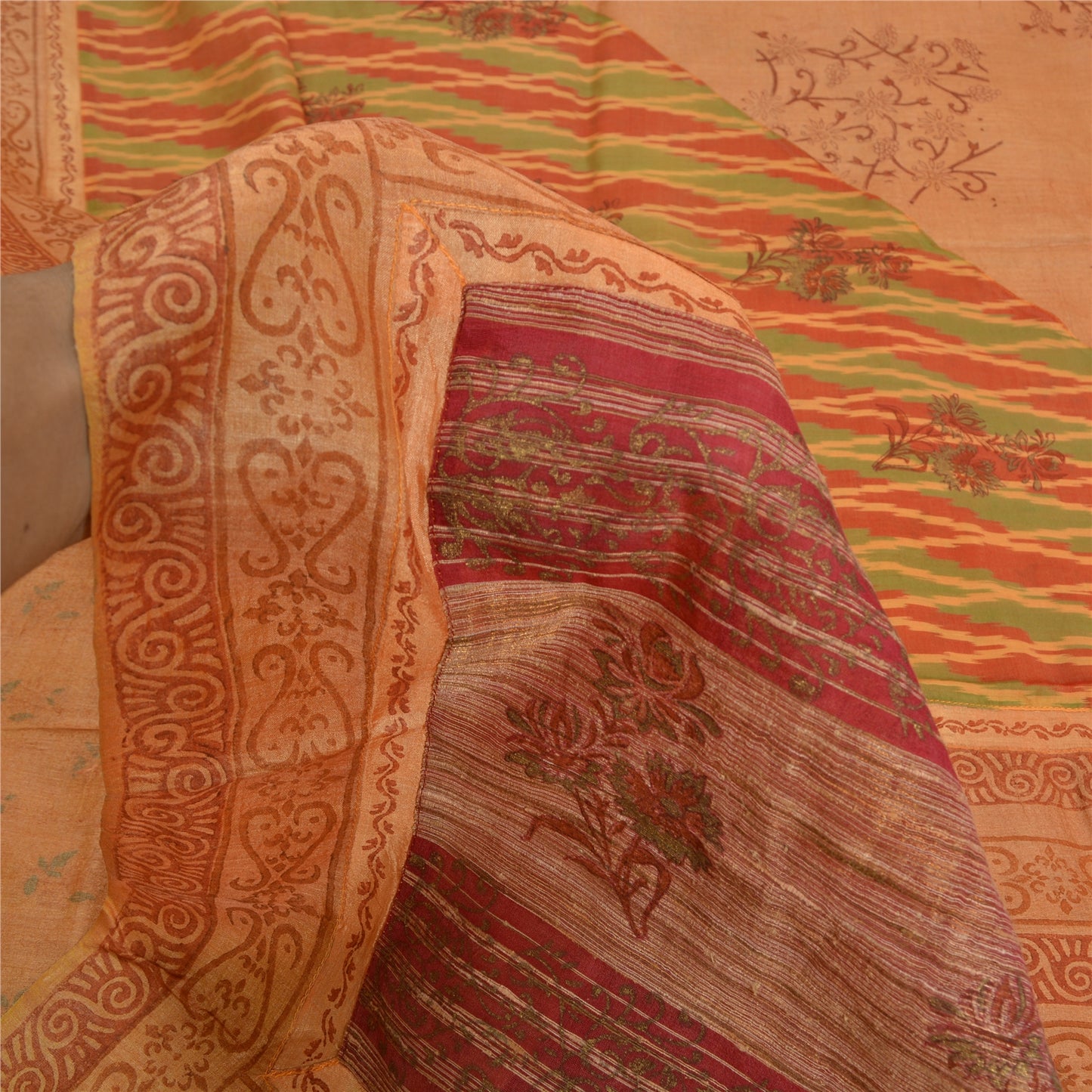 Sanskriti Vintage Peach Sarees 100% Pure Silk Hand-Block Print Sari Craft Sustainable Fabric