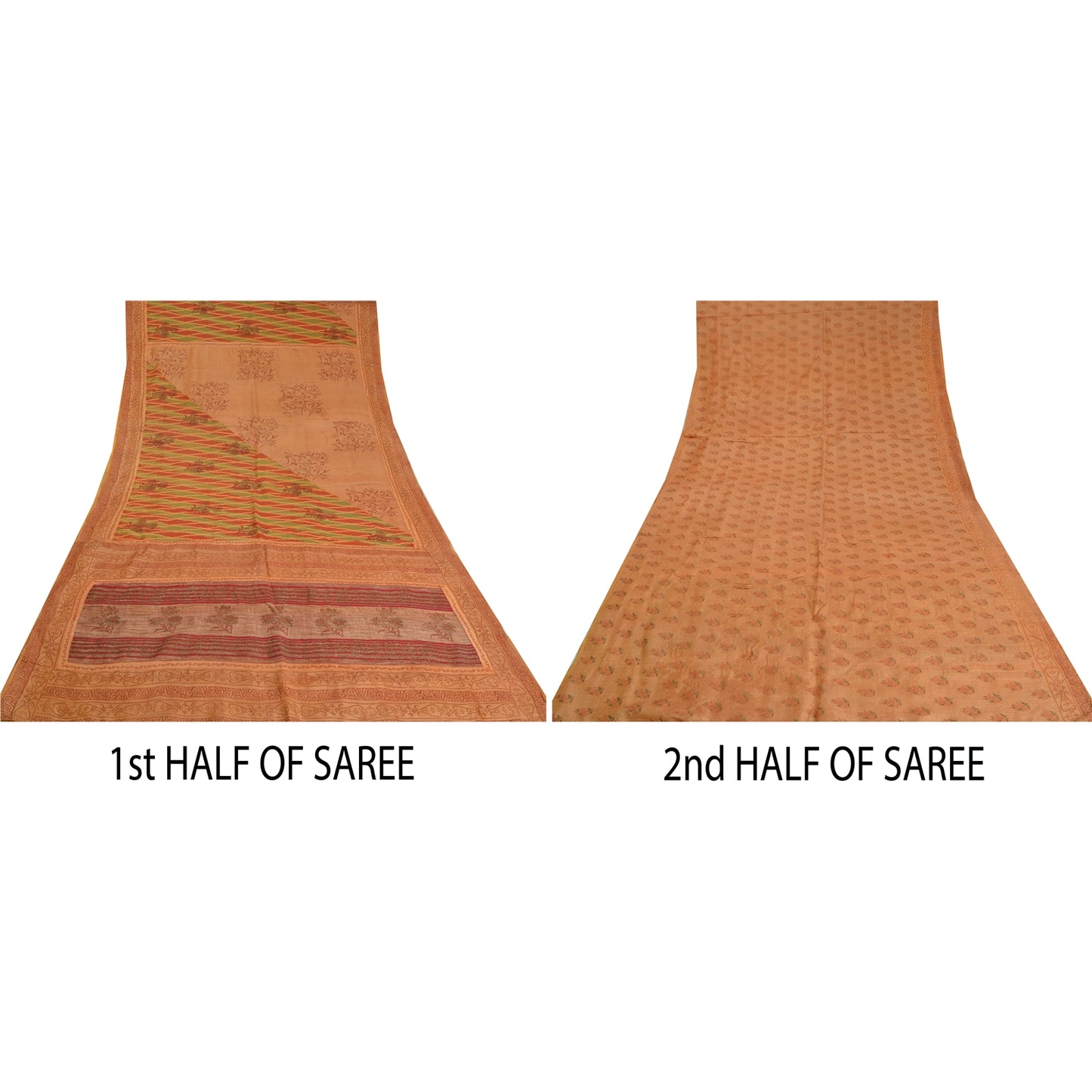 Sanskriti Vintage Peach Sarees 100% Pure Silk Hand-Block Print Sari Craft Sustainable Fabric