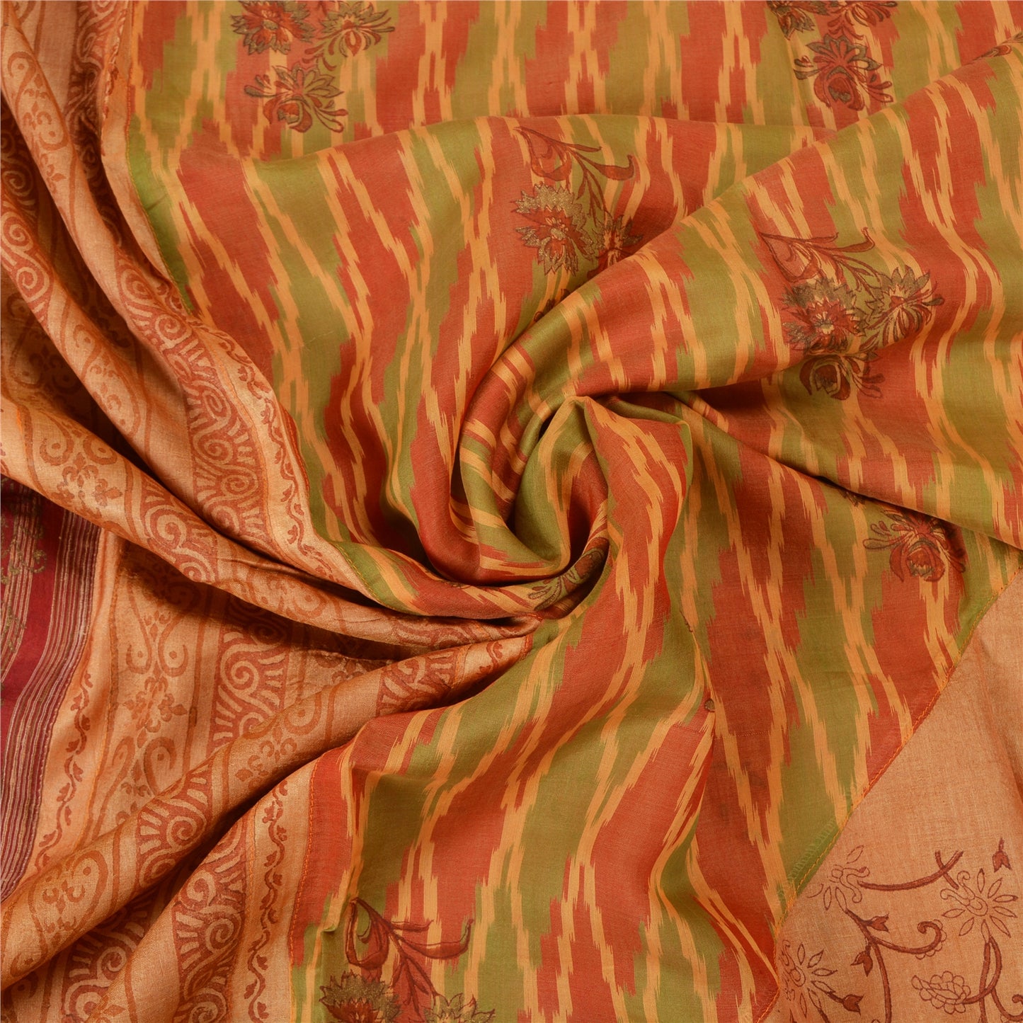 Sanskriti Vintage Peach Sarees 100% Pure Silk Hand-Block Print Sari Craft Sustainable Fabric