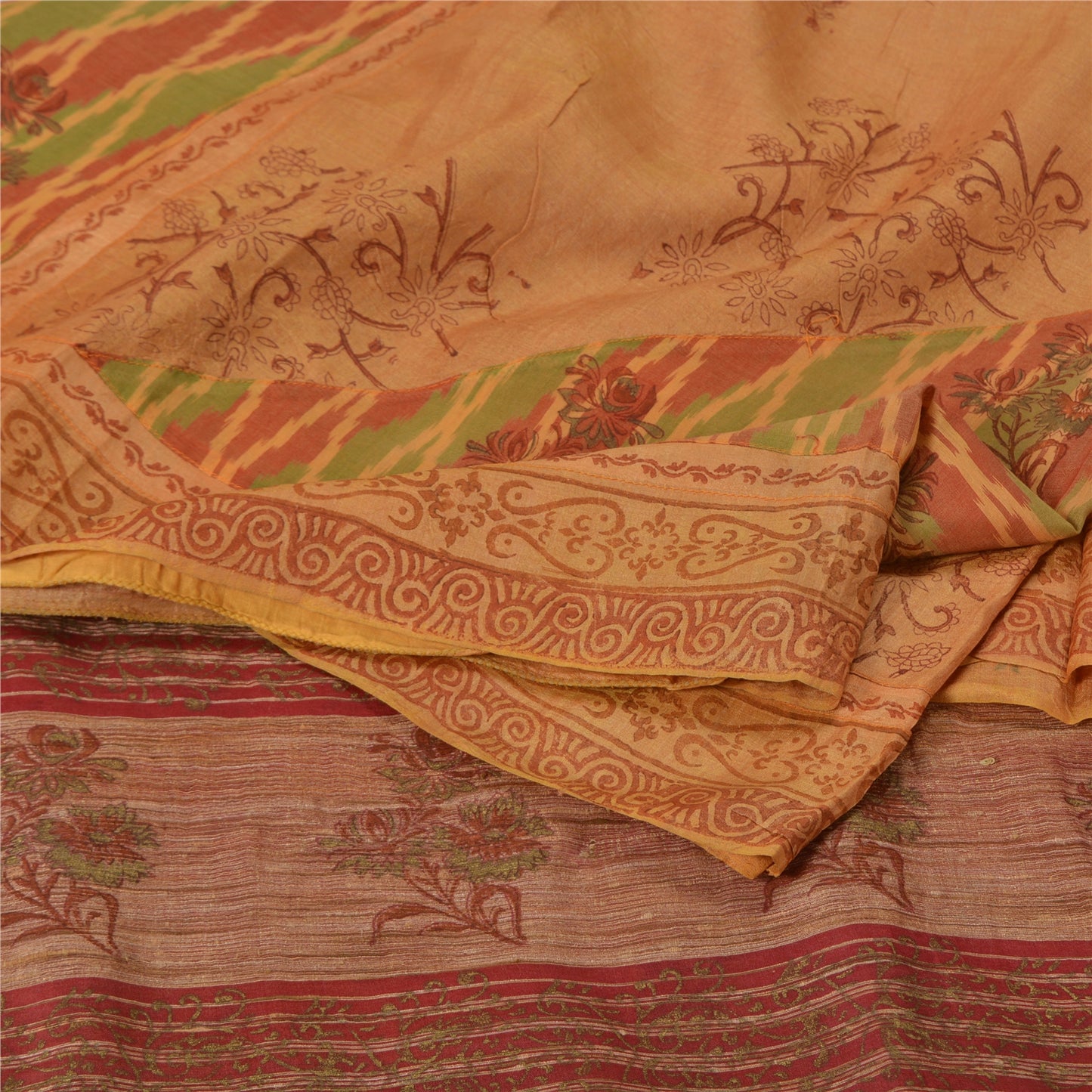 Sanskriti Vintage Peach Sarees 100% Pure Silk Hand-Block Print Sari Craft Sustainable Fabric
