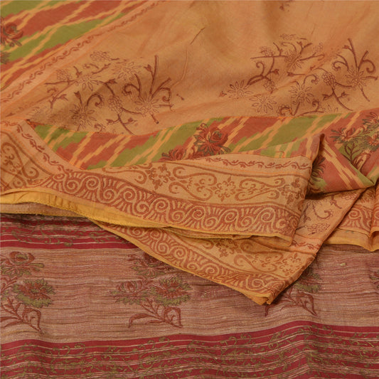 Sanskriti Vintage Peach Sarees 100% Pure Silk Hand-Block Print Sari Craft Sustainable Fabric