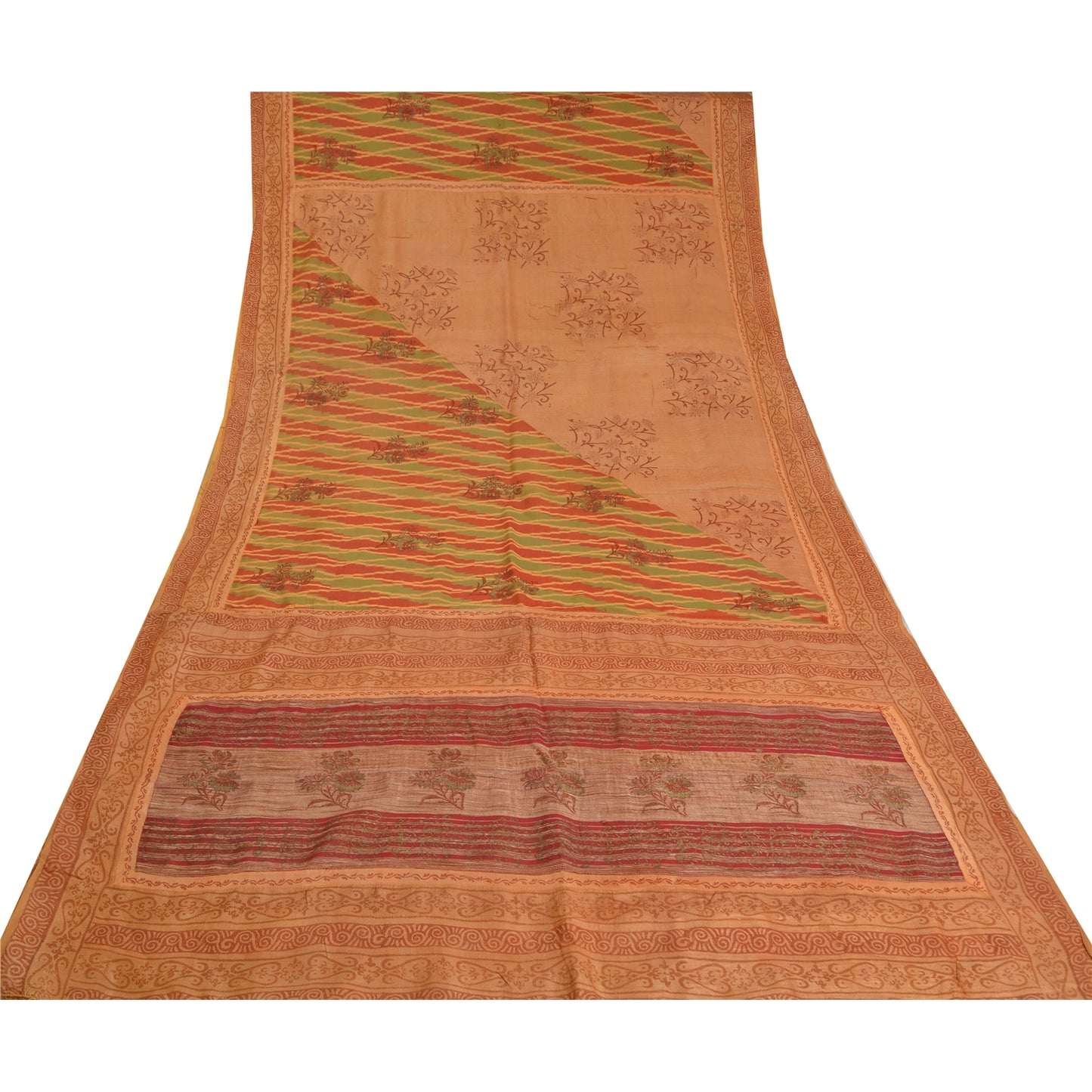 Sanskriti Vintage Peach Sarees 100% Pure Silk Hand-Block Print Sari Craft Sustainable Fabric