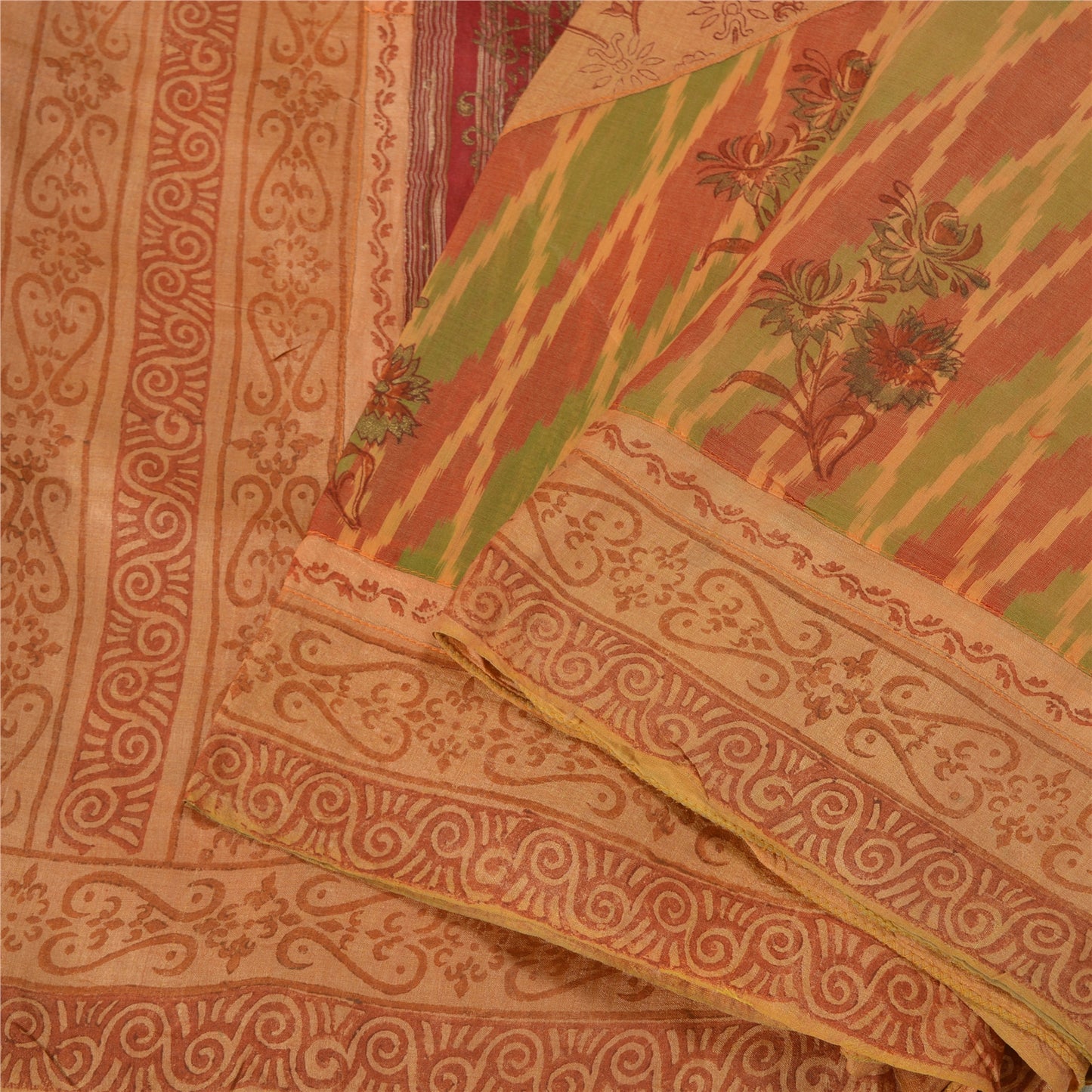 Sanskriti Vintage Peach Sarees 100% Pure Silk Hand-Block Print Sari Craft Sustainable Fabric