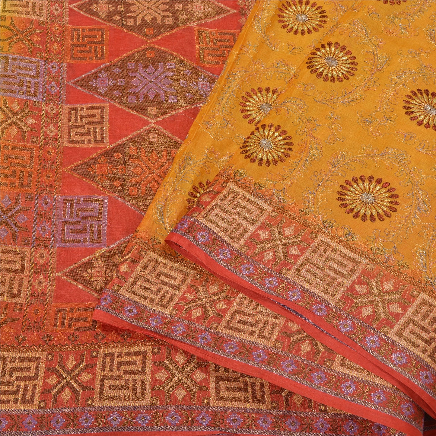 Sanskriti Vintage Saffron/Red Sarees 100% Pure Silk Woven Premium Sari Sustainable Fabric