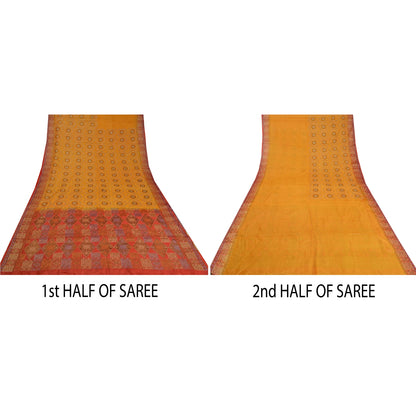 Sanskriti Vintage Saffron/Red Sarees 100% Pure Silk Woven Premium Sari Sustainable Fabric