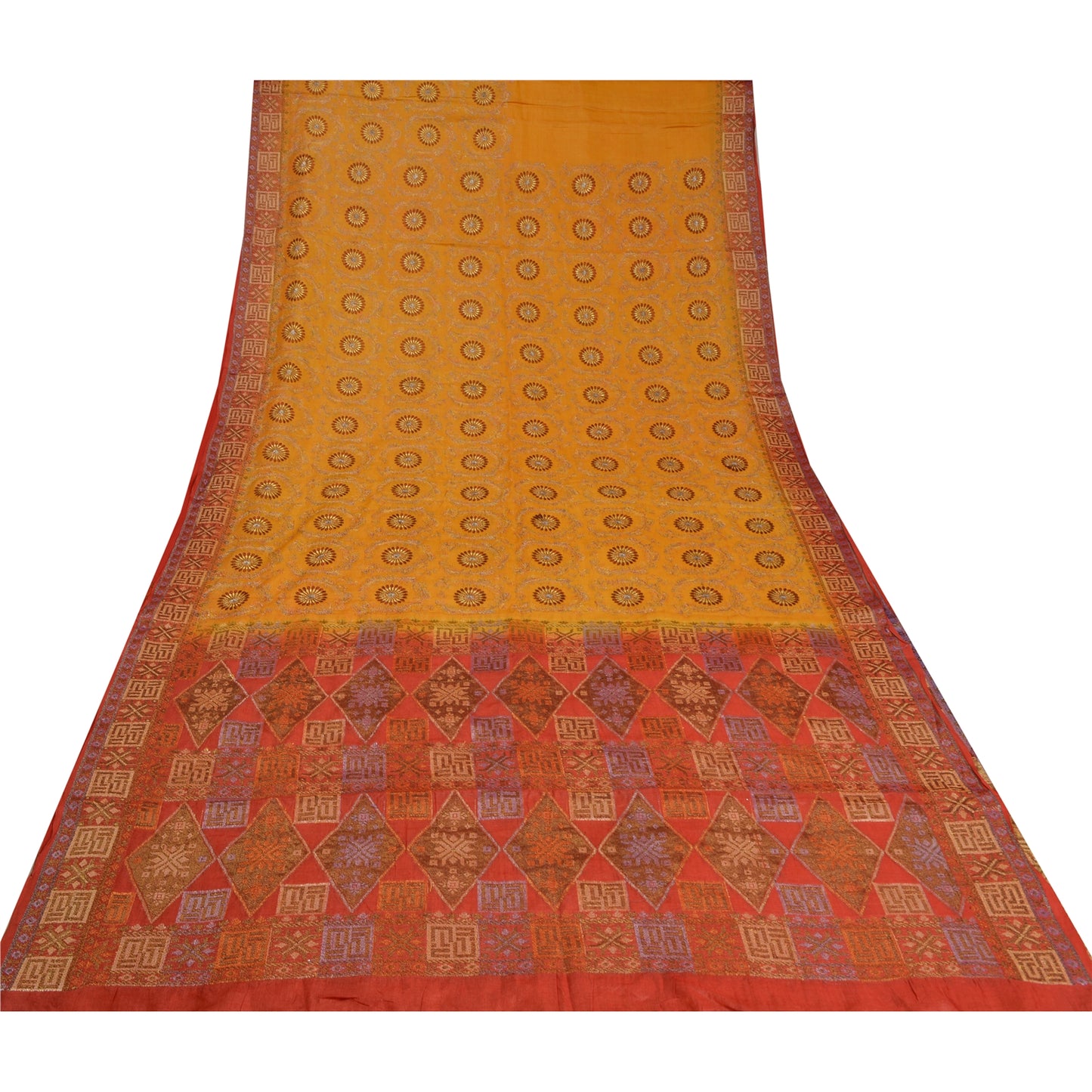 Sanskriti Vintage Saffron/Red Sarees 100% Pure Silk Woven Premium Sari Sustainable Fabric