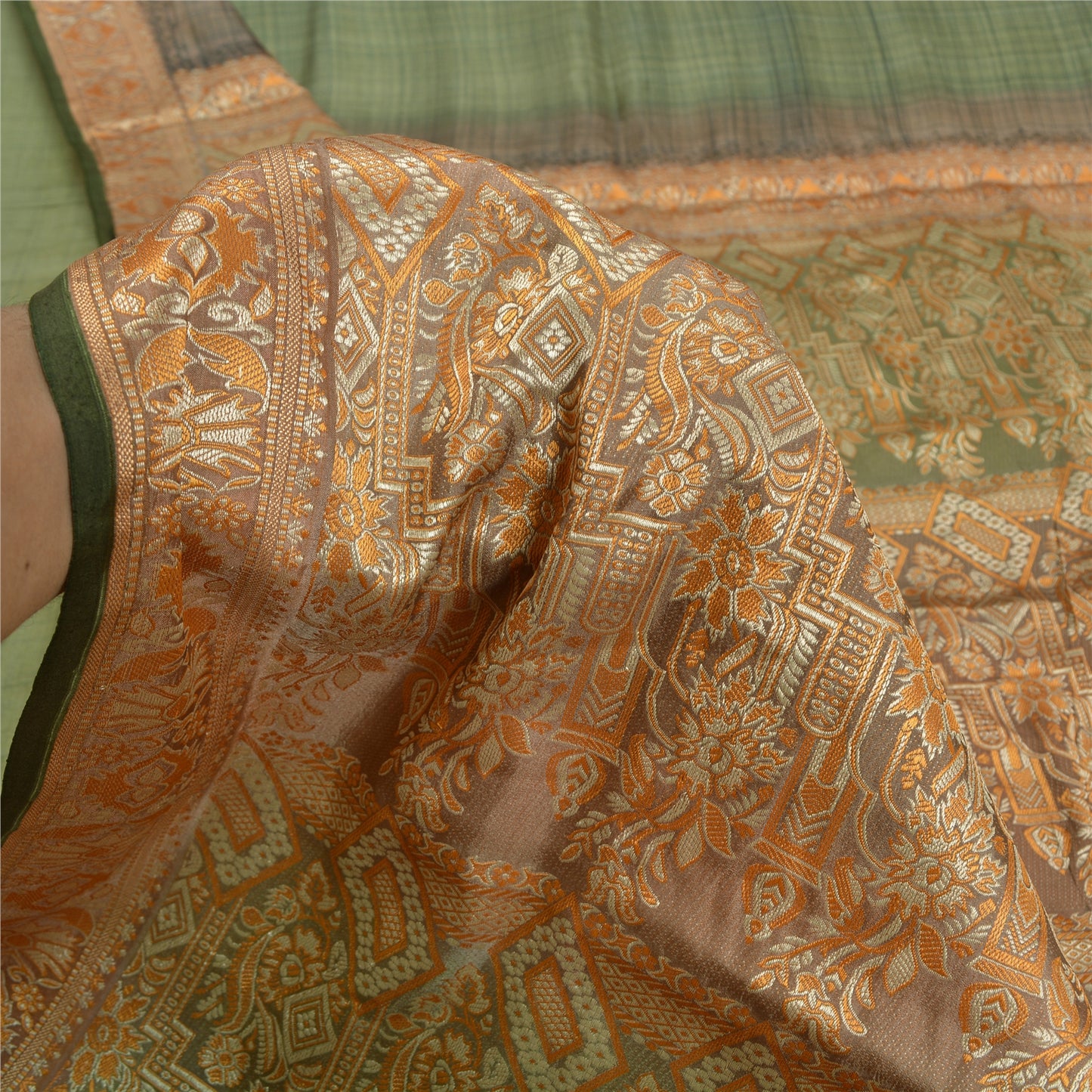Санскритские винтажные зеленые индийские сари 100% чистый шелк тканое сари ремесло устойчивая ткань