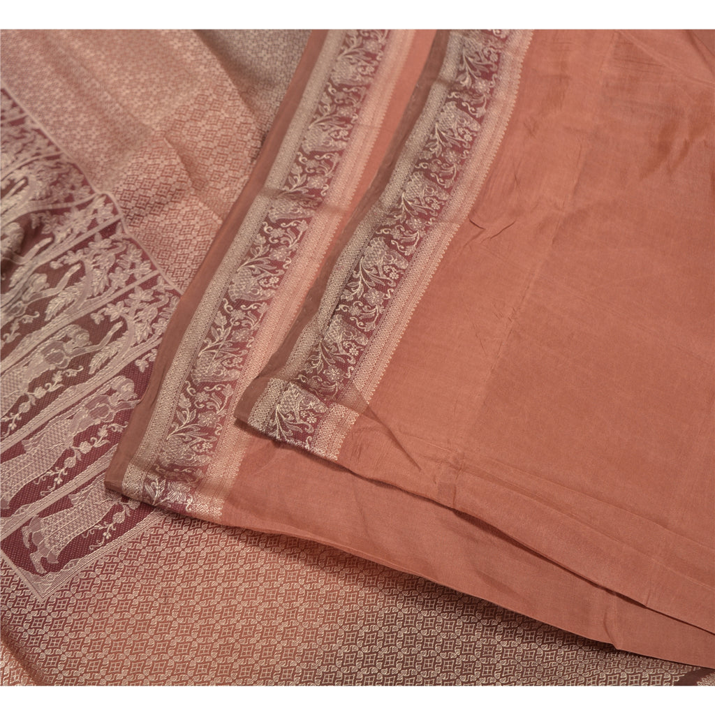 Sanskriti Vintage Dark Peach Sarees 100% Pure Silk Woven Baluchari Sari Sustainable Fabric