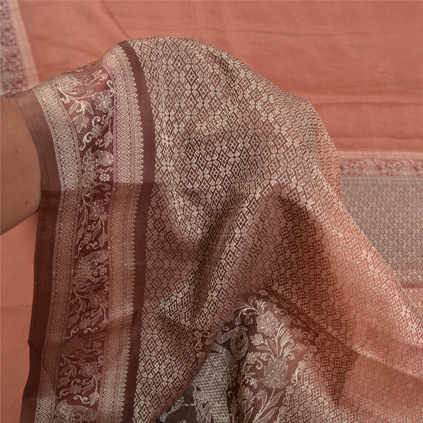 Sanskriti Vintage Dark Peach Sarees 100% Pure Silk Woven Baluchari Sari Sustainable Fabric