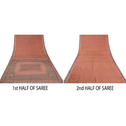 Sanskriti Vintage Dark Peach Sarees 100% Pure Silk Woven Baluchari Sari Sustainable Fabric