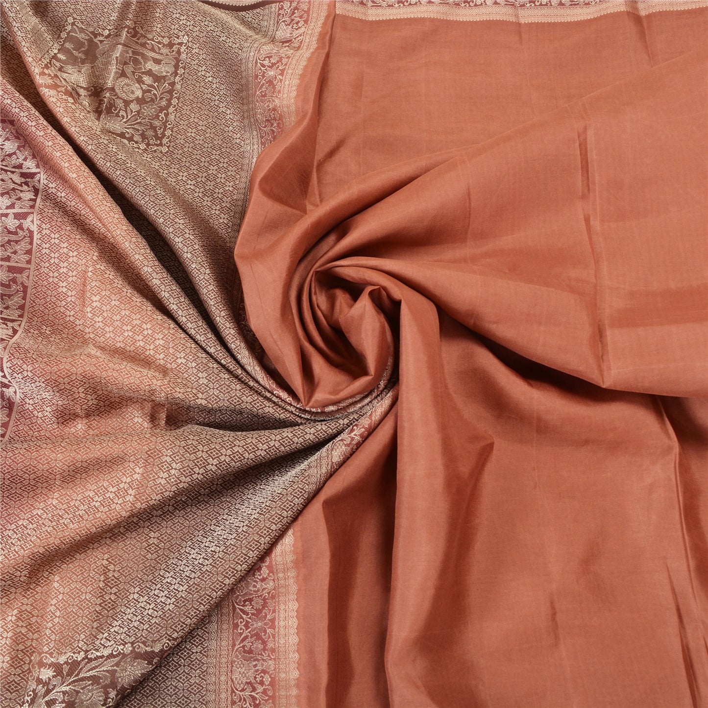 Sanskriti Vintage Dark Peach Sarees 100% Pure Silk Woven Baluchari Sari Sustainable Fabric