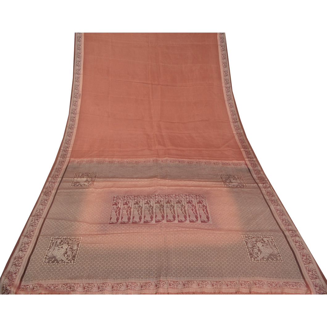Sanskriti Vintage Dark Peach Sarees 100% Pure Silk Woven Baluchari Sari Fabric