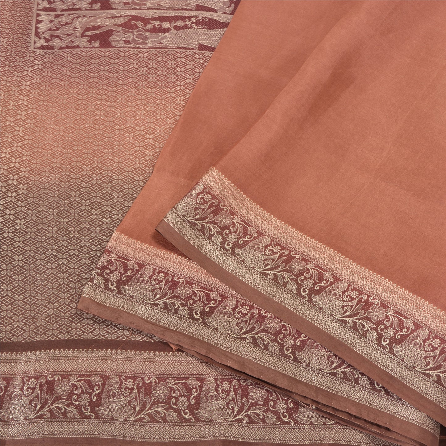 Sanskriti Vintage Dark Peach Sarees 100% Pure Silk Woven Baluchari Sari Sustainable Fabric
