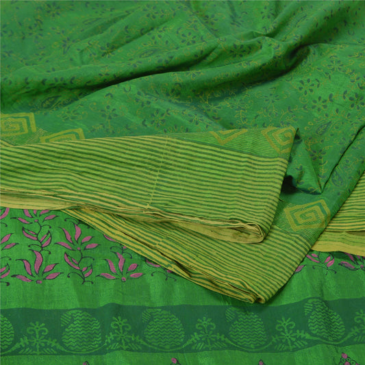 Sanskriti Vintage Green Sarees Pure Silk Hand- Painted/Block Printed Sari Sustainable Fabric