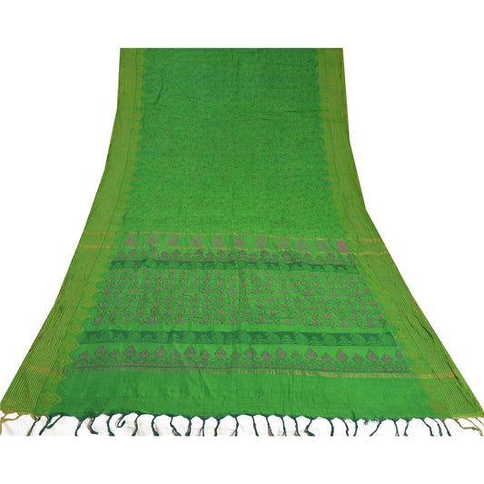 Sanskriti Vintage Green Sarees Pure Silk Hand- Painted/Block Printed Sari Sustainable Fabric