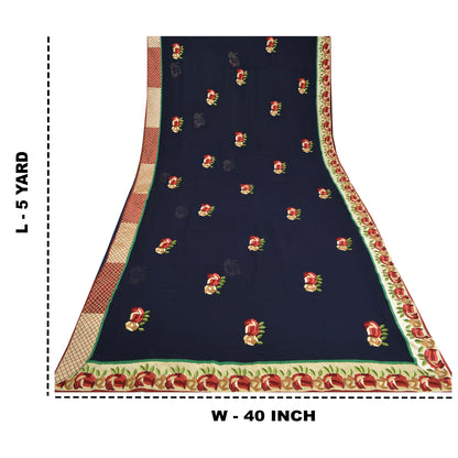 Sanskriti Vintage Navy Blue Sarees Blend Georgette Embroidered Craft Sari Sustainable Fabric