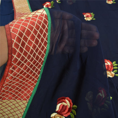 Sanskriti Vintage Navy Blue Sarees Blend Georgette Embroidered Craft Sari Sustainable Fabric