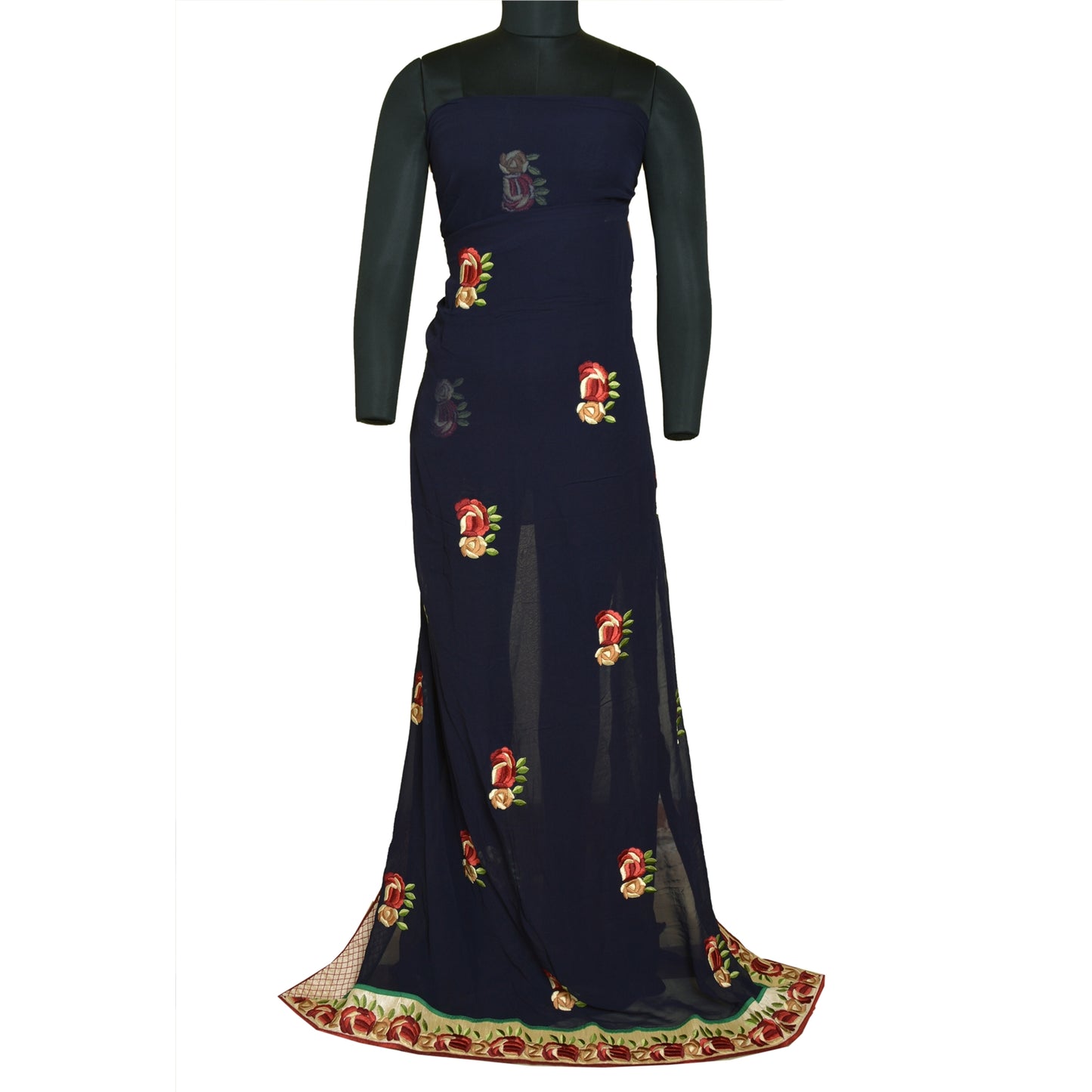 Sanskriti Vintage Navy Blue Sarees Blend Georgette Embroidered Craft Sari Sustainable Fabric