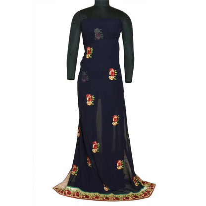 Sanskriti Vintage Navy Blue Sarees Blend Georgette Embroidered Craft Sari Sustainable Fabric