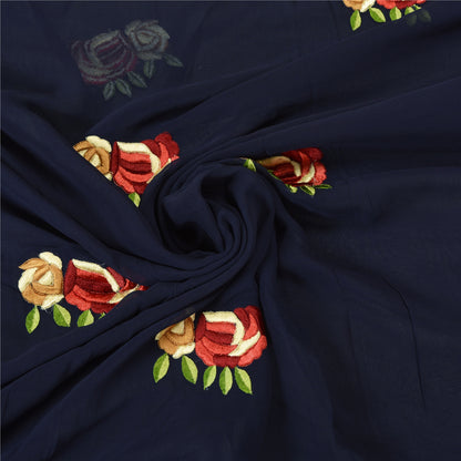 Sanskriti Vintage Navy Blue Sarees Blend Georgette Embroidered Craft Sari Sustainable Fabric