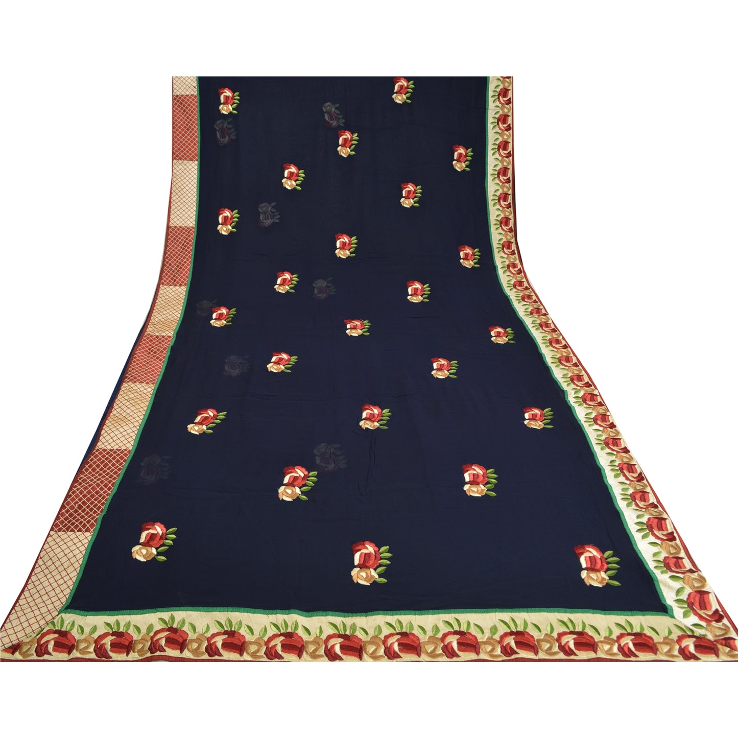 Sanskriti Vintage Navy Blue Sarees Blend Georgette Embroidered Craft Sari Sustainable Fabric