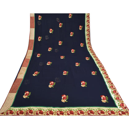 Sanskriti Vintage Navy Blue Sarees Blend Georgette Embroidered Craft Sari Sustainable Fabric