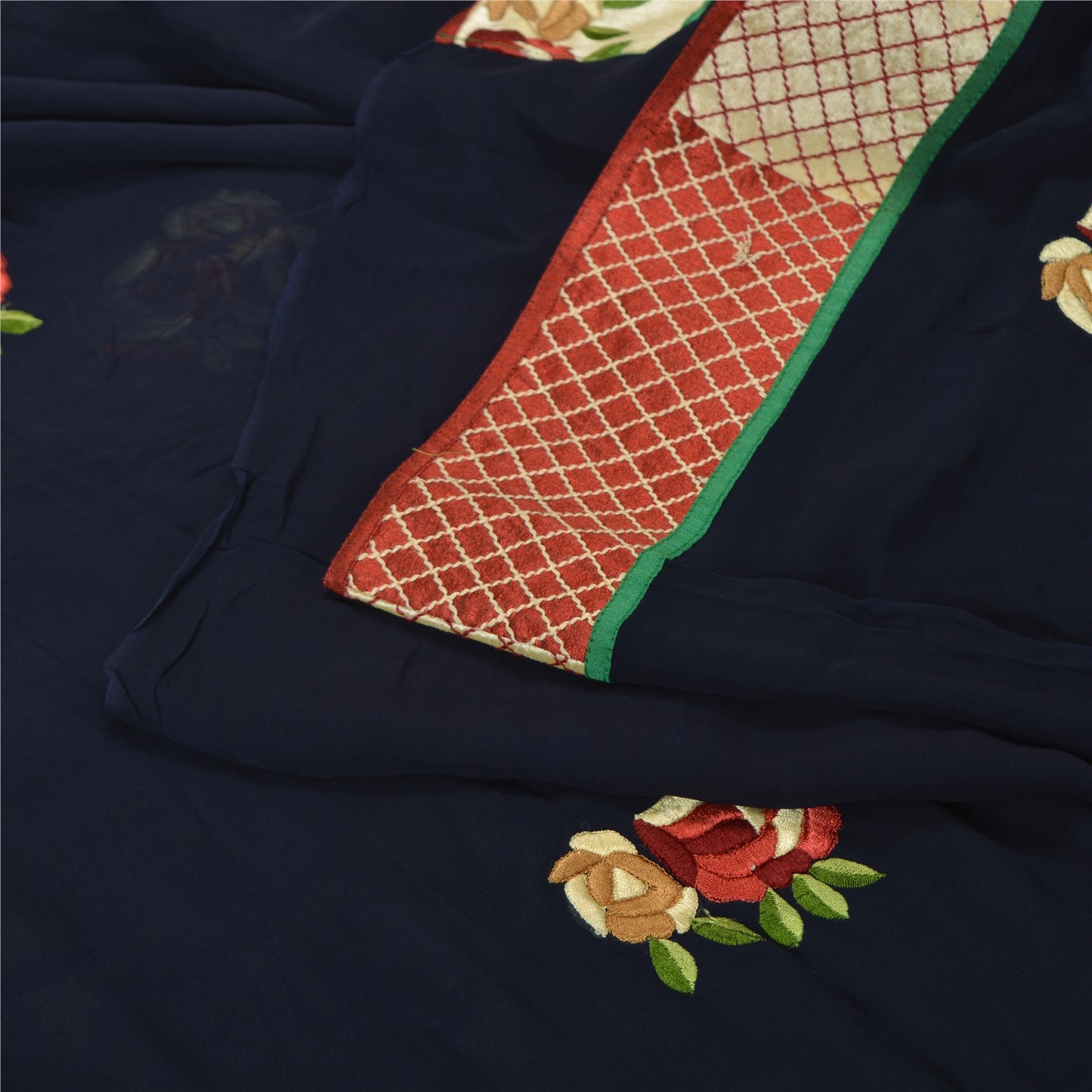 Sanskriti Vintage Navy Blue Sarees Blend Georgette Embroidered Craft Sari Sustainable Fabric