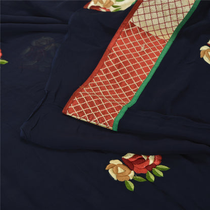 Sanskriti Vintage Navy Blue Sarees Blend Georgette Embroidered Craft Sari Sustainable Fabric