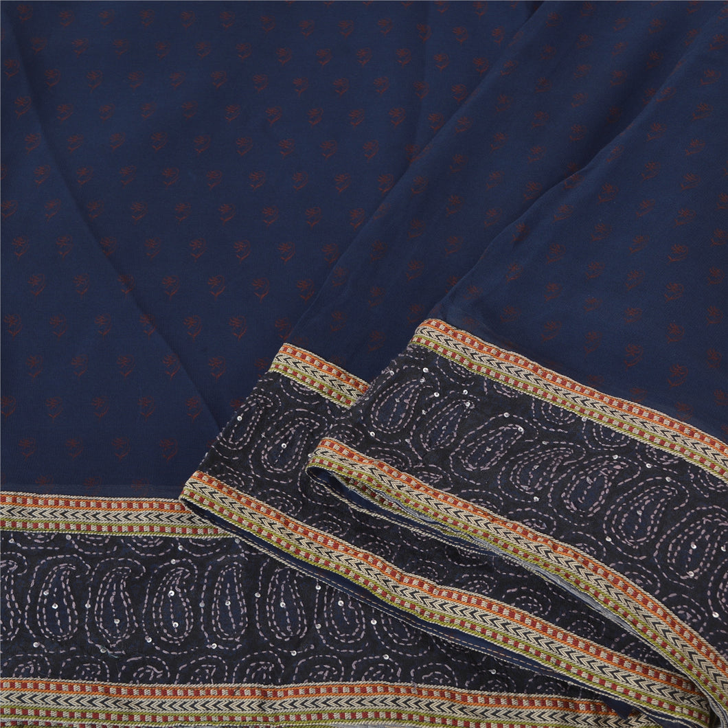 Sanskriti Vintage Blue Sarees Pure Georgette Silk Hand Beaded Kantha Sari Fabric