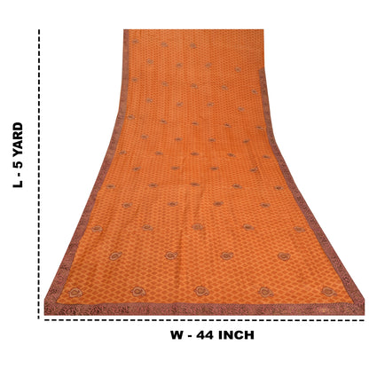 Sanskriti Vintage Saffron Sarees 100% Pure Silk Embroidered Sari Craft Sustainable Fabric