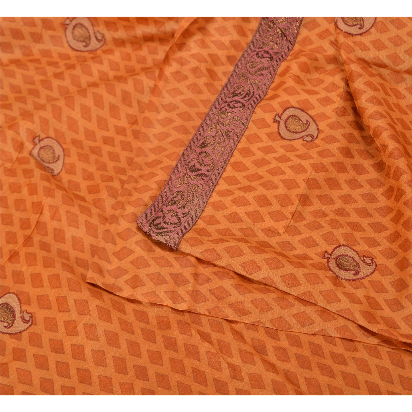 Sanskriti Vintage Saffron Sarees 100% Pure Silk Embroidered Sari Craft Sustainable Fabric